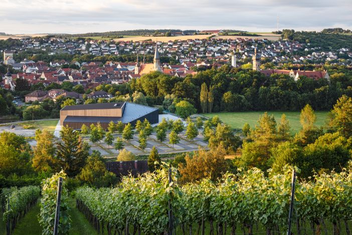 Blick auf das Gebäude der Tauberphilharmonie und einen Teil der Stadt aus den Weinbergen 