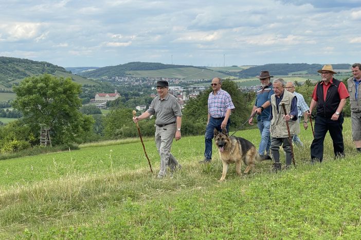 Wandergruppe mit Weikersheim im Hintergrund